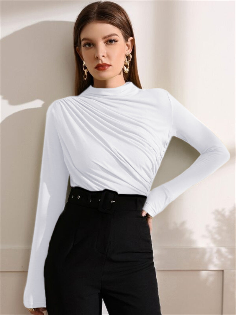 Damen Figurbetontes Langarmshirt mit seitlichem Drapieren und Stehkragen – Avérine