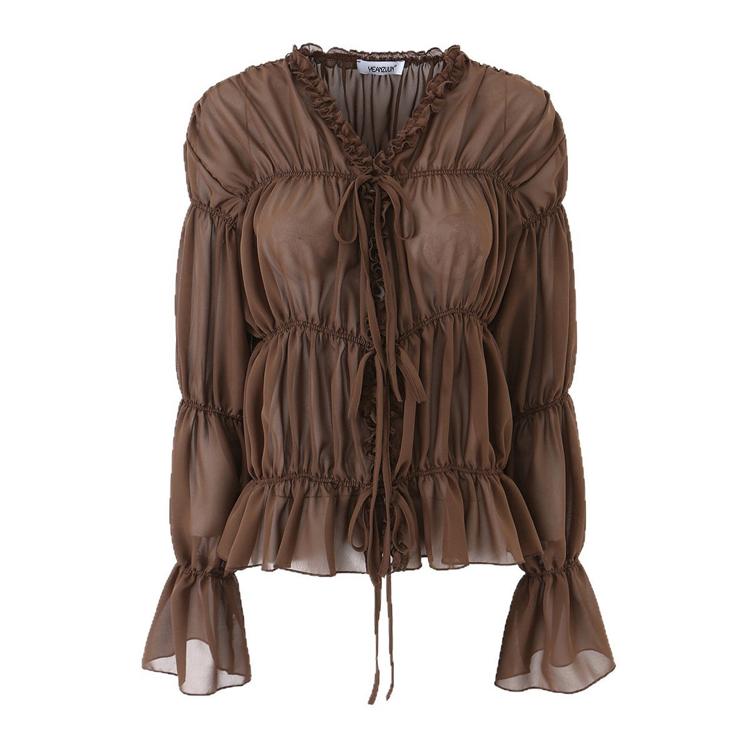 Damen Chiffon-Bluse mit Rüschen, Kordelzug und geraffter Taillenoptik Echoarchiv