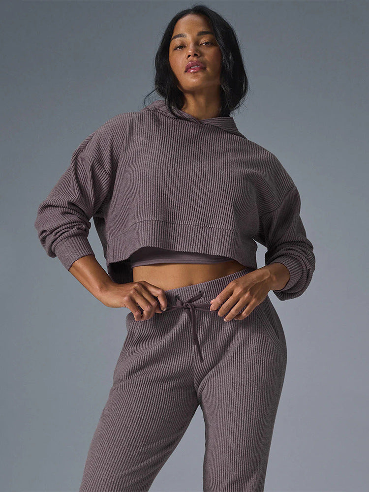 Damen Gerippte High‑Waist Loungehose mit Kordelzug und Bündchen – Avélisse