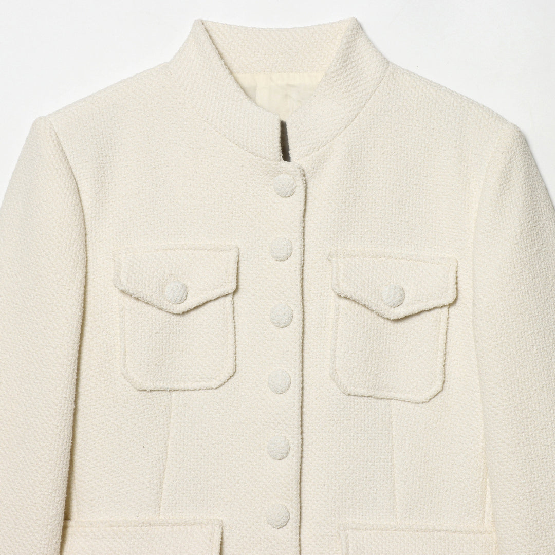Damen strukturierte Bouclé Kurzjacke mit Stehkragen, vier aufgesetzten Pattentaschen und bezogenen Knöpfen – Célinea