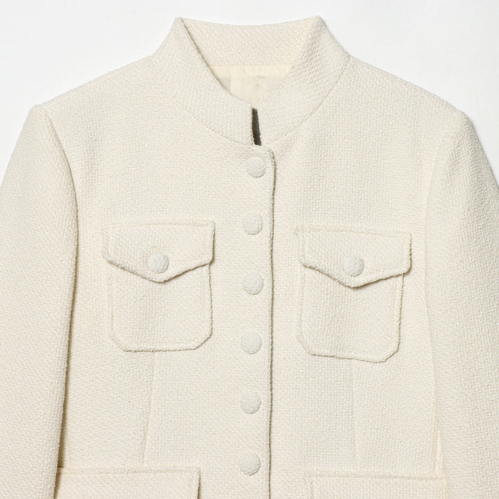 Damen strukturierte Bouclé Kurzjacke mit Stehkragen, vier aufgesetzten Pattentaschen und bezogenen Knöpfen – Célinea