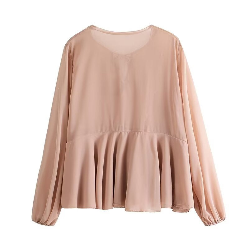 Damen Weiche Chiffonbluse mit Schnürung, V‑Ausschnitt und Volantsaum Echo Archiv
