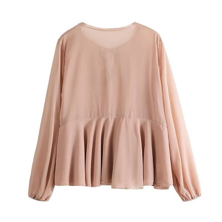 Damen Weiche Chiffonbluse mit Schnürung, V‑Ausschnitt und Volantsaum Echo Archiv