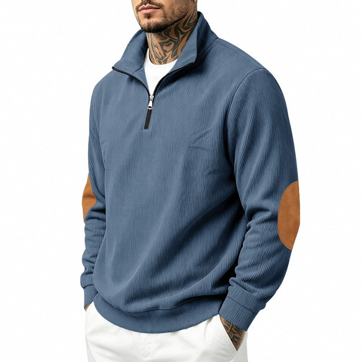 Herren Leichter Struktur-Halbzip-Pullover mit Cord‑Ellbogenpatches und Stehkragen Echoarchiv