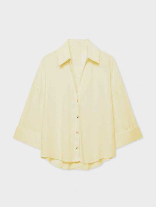 Damen Leichte Oversize Leinenoptik Bluse mit Dreiviertelärmeln und durchgehender Knopfleiste Echoarchiv