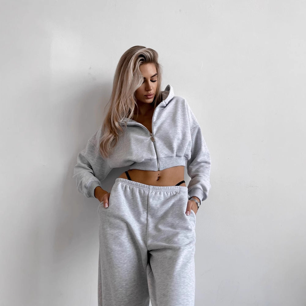Damen kurzes Zip-Hoodie-Lounge-Set mit taillenhoher Relax-Sweathose – Auréline