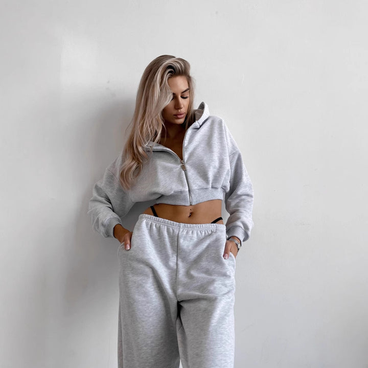 Damen kurzes Zip-Hoodie-Lounge-Set mit taillenhoher Relax-Sweathose – Auréline