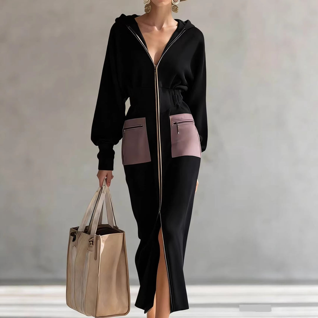 Damen Kapuzen-Midikleid im Sport-Chic mit Taillen‑Corsage und Fronttaschen – Élara