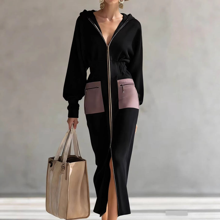Damen Kapuzen-Midikleid im Sport-Chic mit Taillen‑Corsage und Fronttaschen – Élara