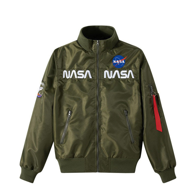 Men's retro space-logo nylon zip bomber with angled zip pockets and utility sleeve tab – Brevano