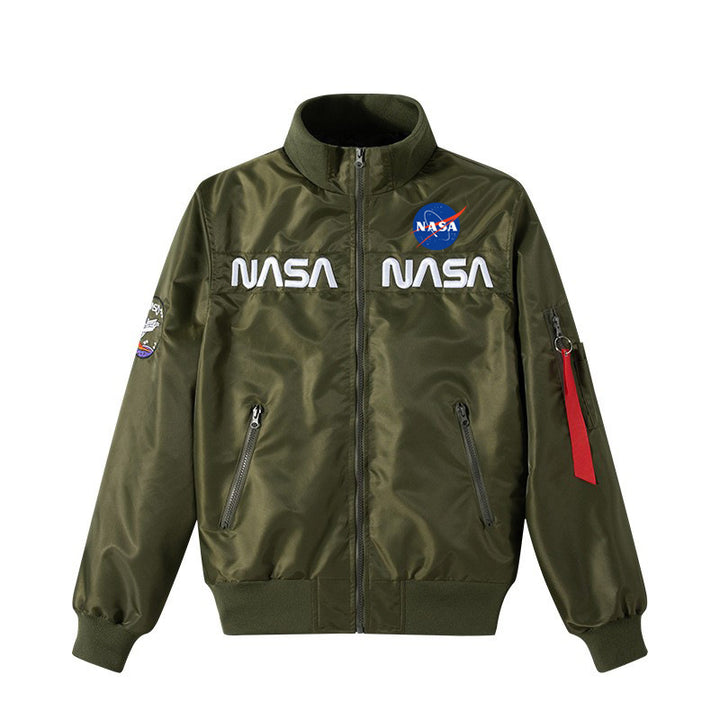 Men's retro space-logo nylon zip bomber with angled zip pockets and utility sleeve tab – Brevano