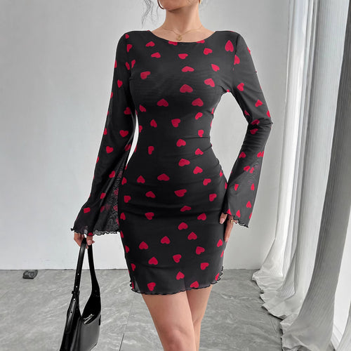 Damen nan figurbetontes Mini-Kleid aus feinem Netzstoff mit Herzmuster und Trompetenärmeln Echo Archiv