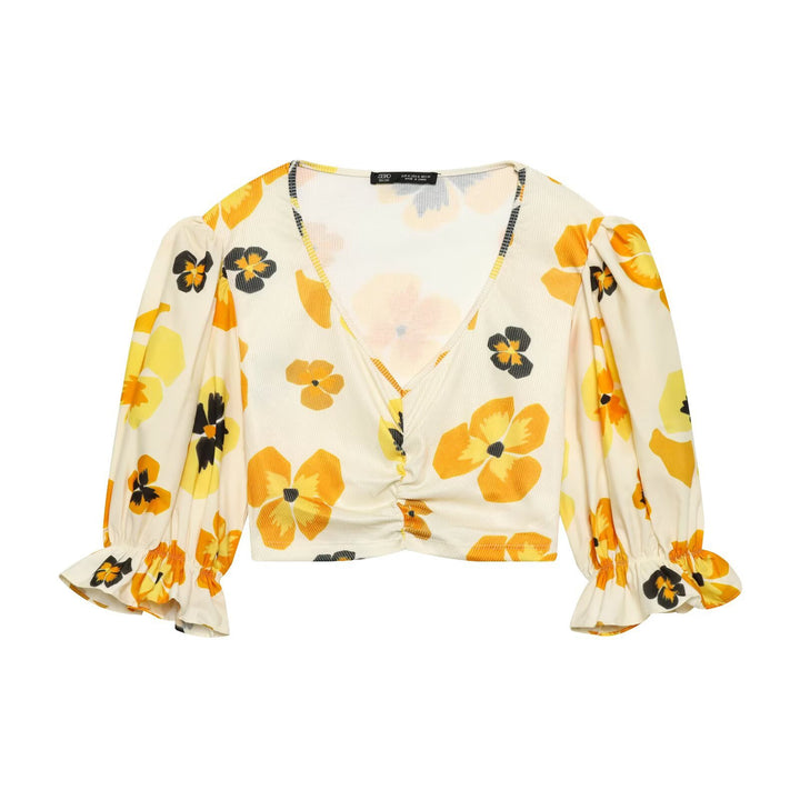 Damen Geblümte Cropped-Bluse mit V-Ausschnitt, Raffung und voluminösen Puffärmeln Echoarchiv