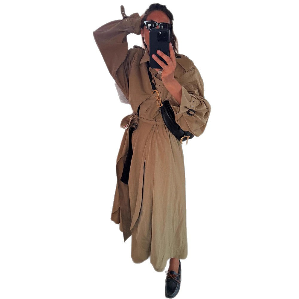 Damen Oversize-Trenchcoat mit voluminösen Ballonärmeln, Kordelzug und abnehmbarer Kapuze Echoarchiv