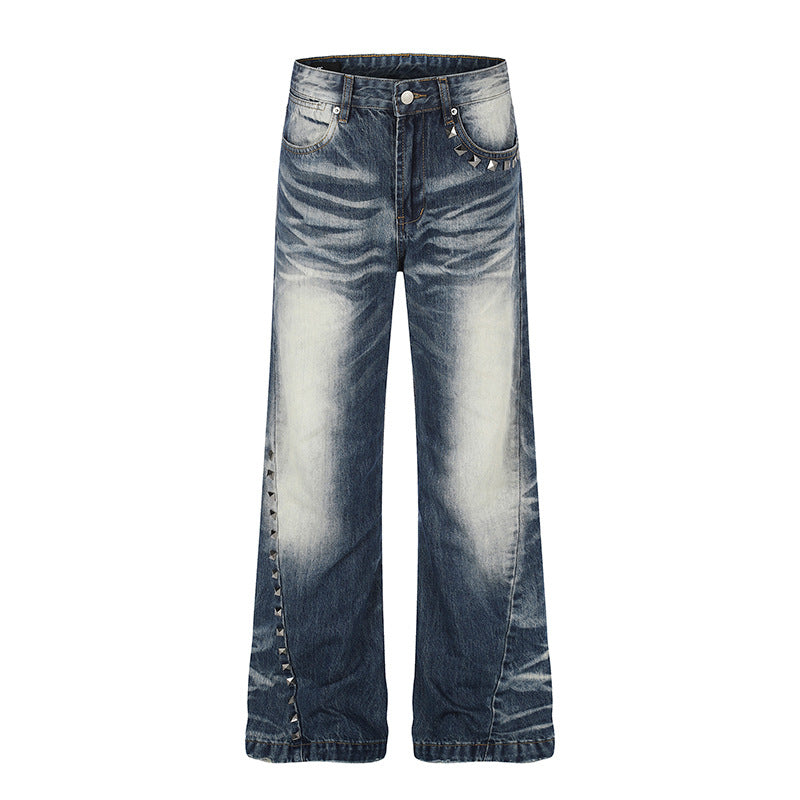 Damen Hochtaillierte weite Schlagjeans mit Used‑Waschung und Nietenbesatz Echoarchiv