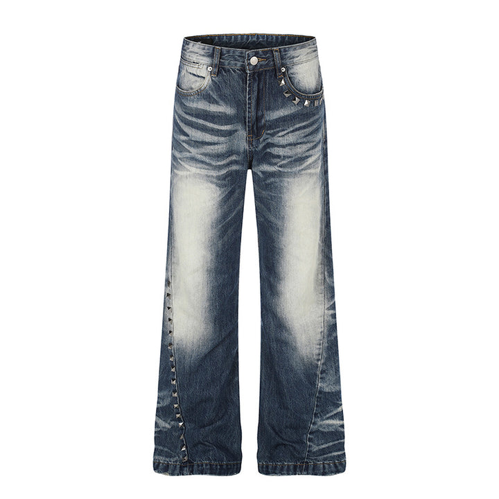Damen Hochtaillierte weite Schlagjeans mit Used‑Waschung und Nietenbesatz Echoarchiv