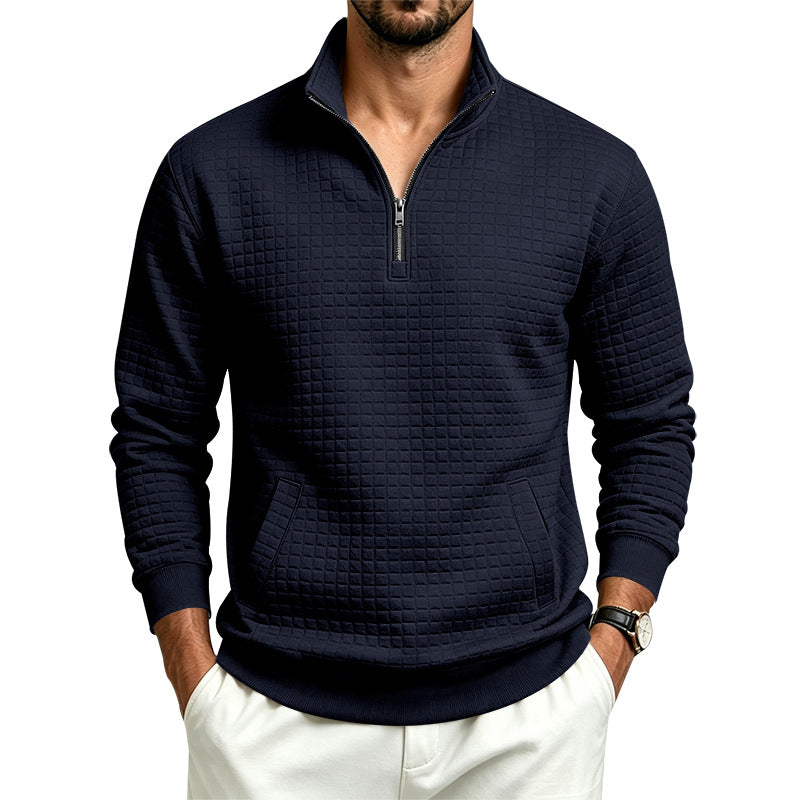 Herren Strukturiertes Stehkragen-Halbzip-Sweatshirt mit Karomuster und Kängurutasche Echoarchiv