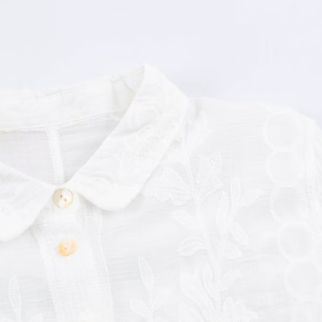 Damen Bestickte Baumwollbluse mit Lochstickerei und dreiviertelärmeln Echoarchiv