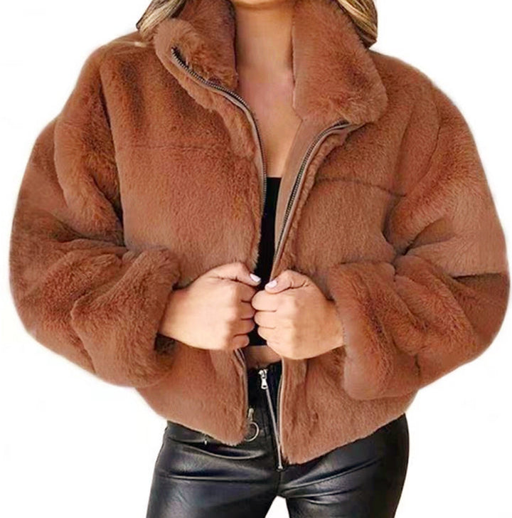 Damen nan kurze kuschelige Kunstpelzjacke mit Stehkragen und Reißverschluss Echo Archiv