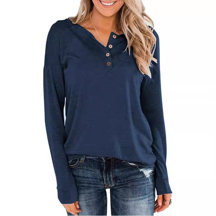 Damen modisches Langarm-Henley-Shirt mit Knopfleiste Echoarchiv