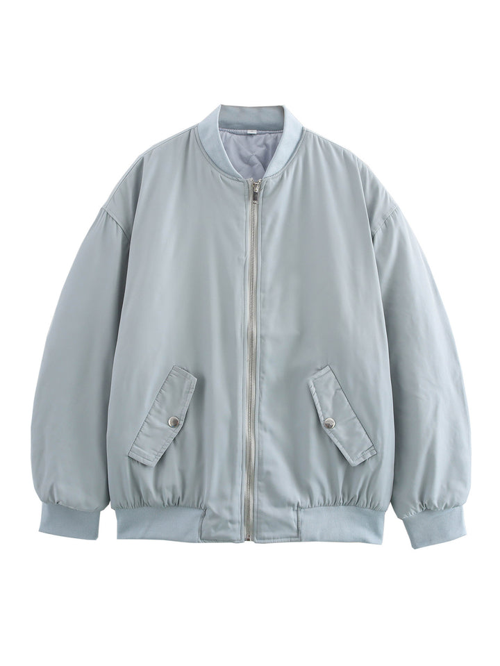 Damen oversized Bomberjacke mit Stehkragen, Reißverschluss und Druckknopf-Taschen – Avenza