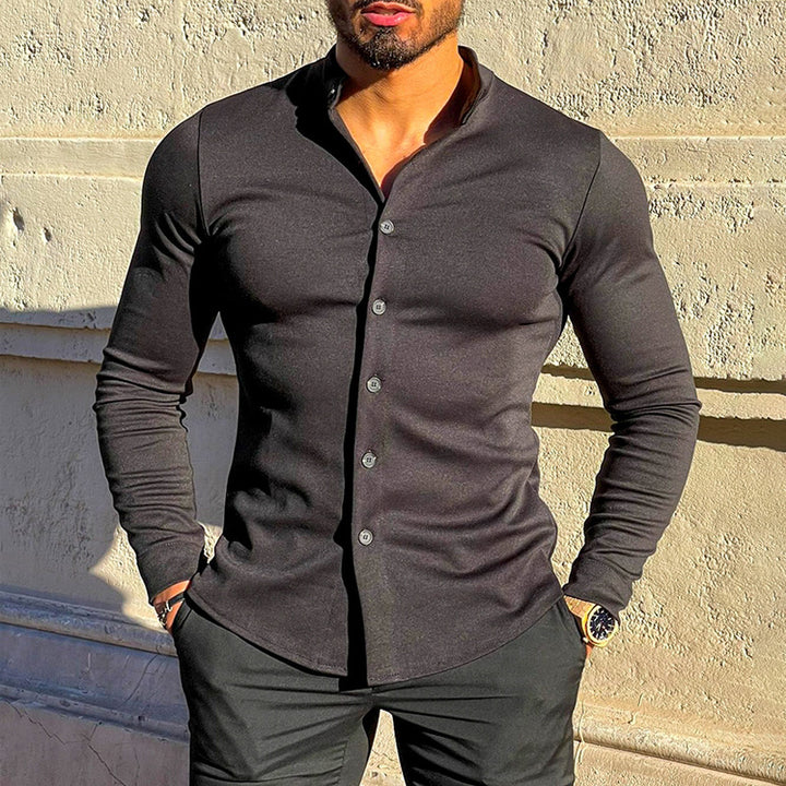 Herren Slim-Fit Langarmhemd mit Stehkragen und elastischem Jersey Echoarchiv
