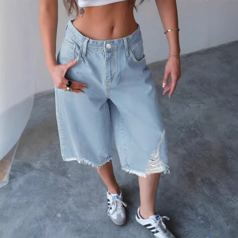 Damen Weite Denim-Culotte mit hohem Bund, Distressed-Details und rohem Saum Echo Archiv