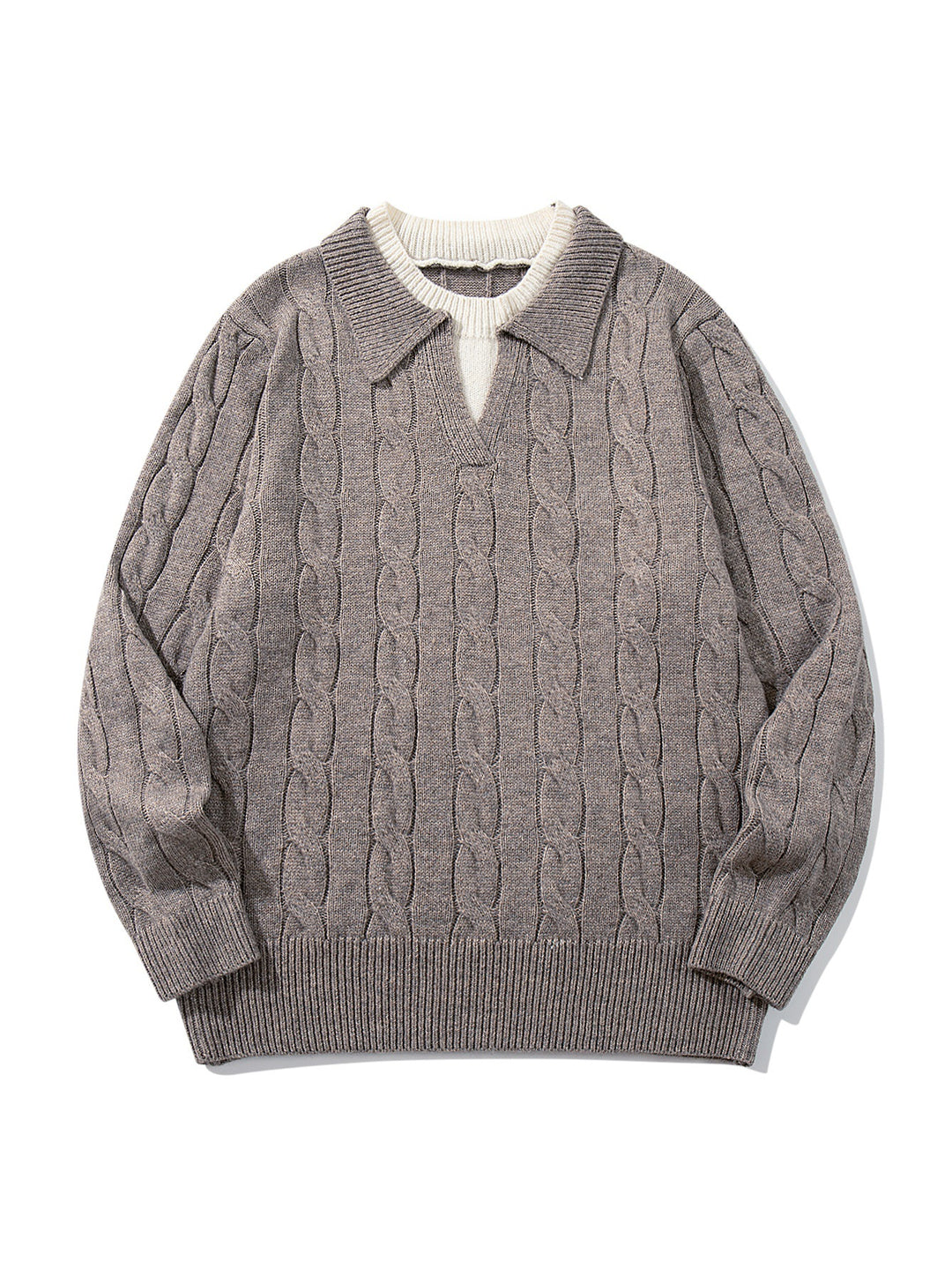 Unisex Strukturiertes Zopfstrick-Pullover mit Polokragen und tiefem V‑Ausschnitt Echoarchiv