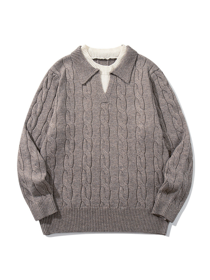 Unisex Strukturiertes Zopfstrick-Pullover mit Polokragen und tiefem V‑Ausschnitt Echoarchiv