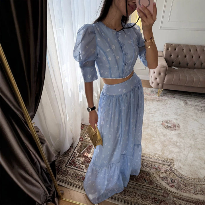 Damen Zweiteiliges Chiffon-Set mit Cropped-Puffbluse und Stufen-Maxirock Echoarchiv