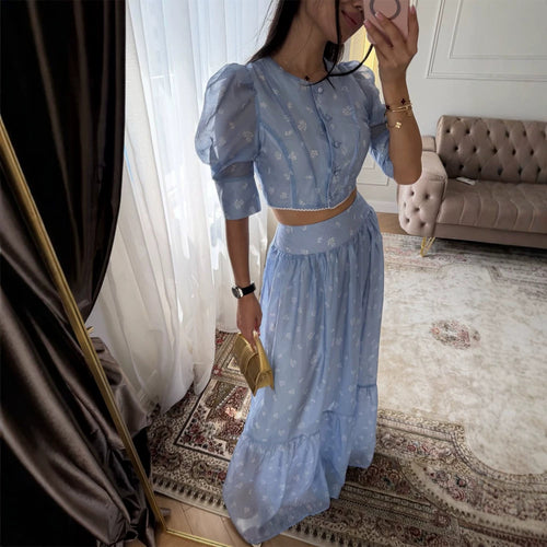 Damen Zweiteiliges Chiffon-Set mit Cropped-Puffbluse und Stufen-Maxirock Echoarchiv