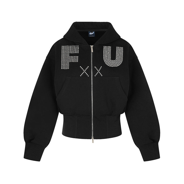 Damen Kurze Kapuzen-Sweatjacke mit durchgehendem Reißverschluss, breitem Rippbund und Strass-Logo Echoarchiv