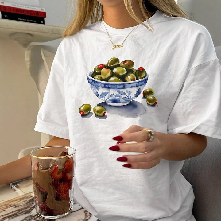 Damen T-Shirt mit kreativem Olivenmotiv Echo Archiv