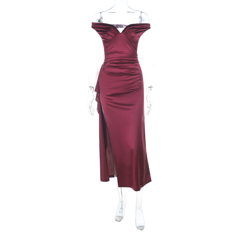 Damen elegantes schulterfreies Maxikleid mit fließendem Satin und verführerischem Schlitz Echo Archiv