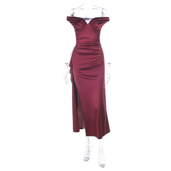 Damen elegantes schulterfreies Maxikleid mit fließendem Satin und verführerischem Schlitz Echo Archiv