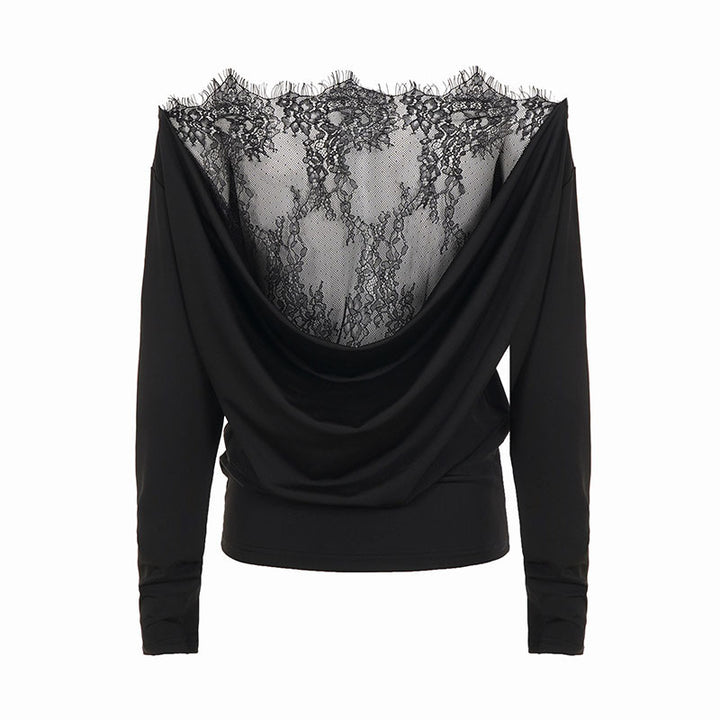 Damen Drapiertes Langarm-Top mit tiefem Wasserfall-Rücken und feinem Spitzen-Backpanel Echo Archiv