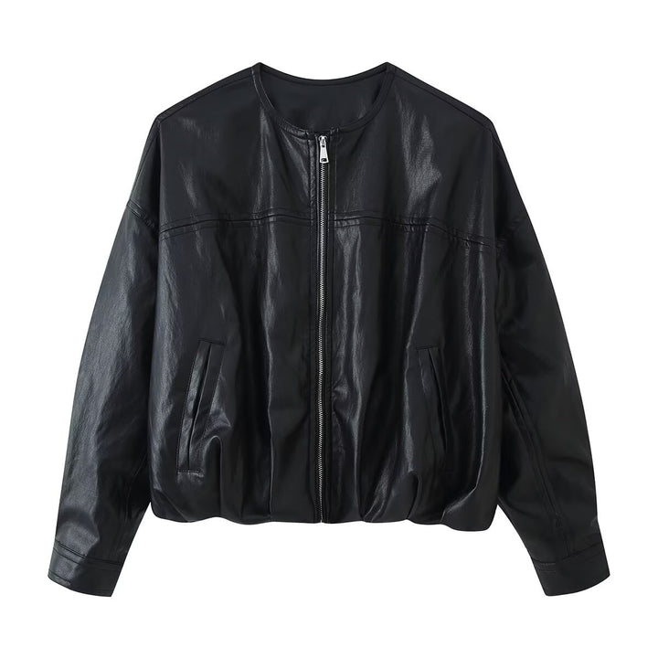 Damen Cropped Blouson in Glattlederoptik mit Rundhalsausschnitt und elastischem Saum Echoarchiv