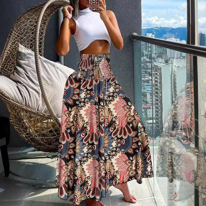 Damen Maxirock mit hohem Smockbund und weitem Boho-Print – Rosévia