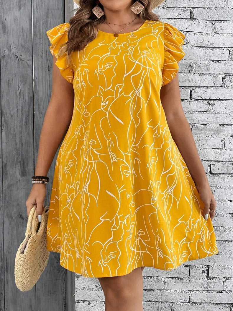 Damen Freizeitkleid mit Rüschendetails und einzigartigem grafischen Druck Echo Archiv