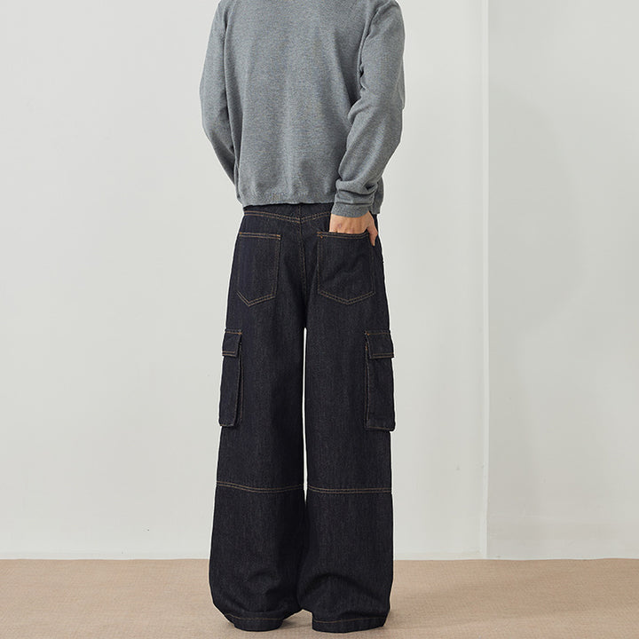 Herren Weite Denim-Cargo-Palazzohose mit Paneelnähten, Klappentaschen und rohem Finish Echo Archiv