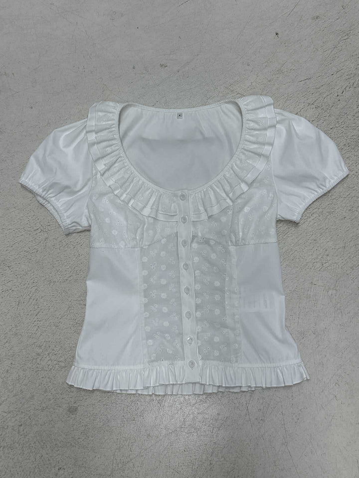Damen Rüschenbluse mit floralem Einsatz und femininem Schnitt Echo Archiv