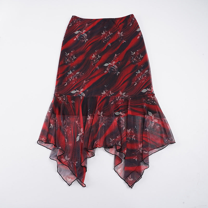 Damen Asymmetrischer Mesh-Midirock mit Volantstufen und floralem Muster Echo Archiv