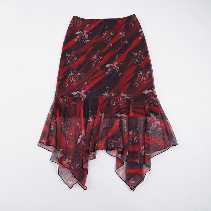 Damen Asymmetrischer Mesh-Midirock mit Volantstufen und floralem Muster Echo Archiv