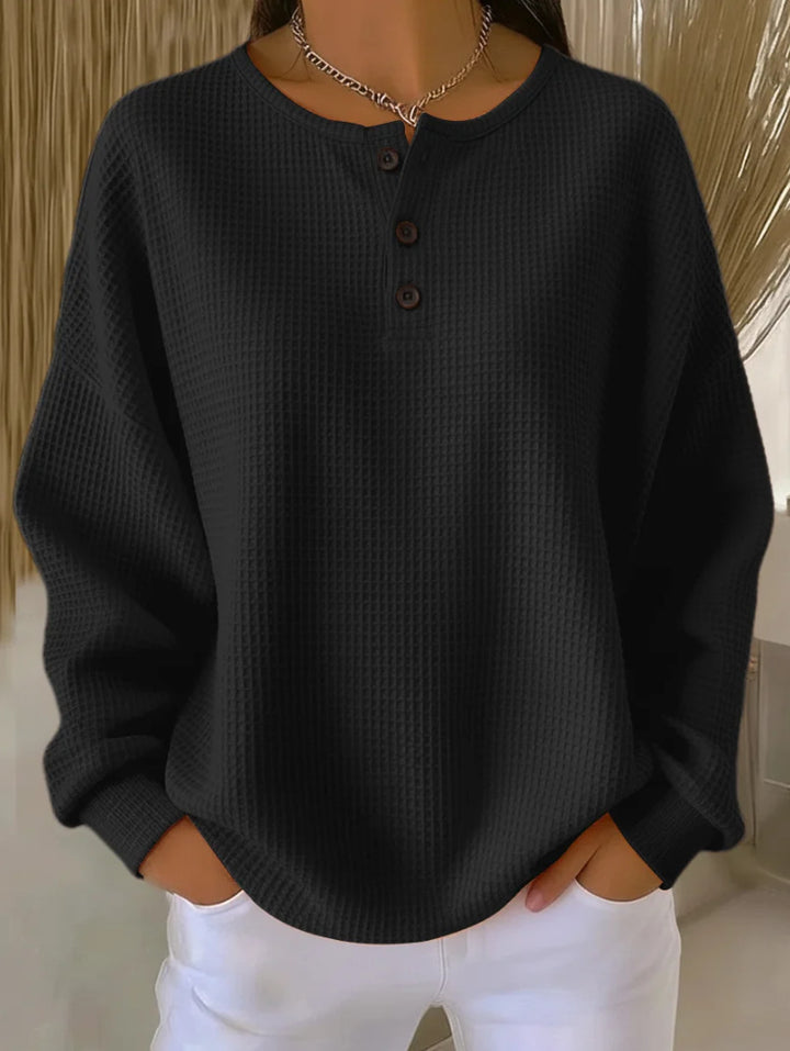 Damen nan Oversized Waffelstrick Henley-Pullover mit Knopfleiste und abgerundetem Saum Echo Archiv