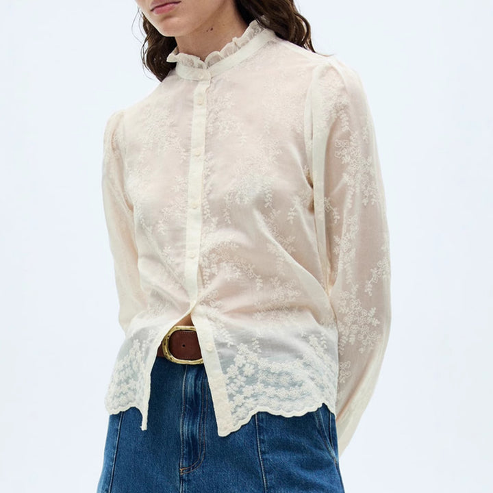 Damen Transparente Stickerei‑Bluse mit Stehkragen, Volumenärmeln und gewelltem Saum – Avérine