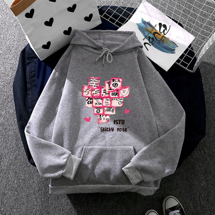 Damen Kapuzenpullover mit Sticky-Note Grafik, Kängurutasche und weichem Fleecefutter – Auréline