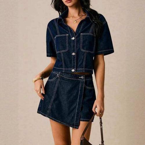 Damen kurz geschnittene Denim-Bluse mit zwei aufgesetzten Taschen Echo Archiv