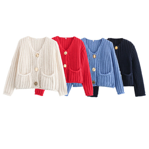 Damen Grobstrick-Cardigan mit V‑Ausschnitt, goldener Knopfleiste und aufgesetzten Taschen Echo Archiv