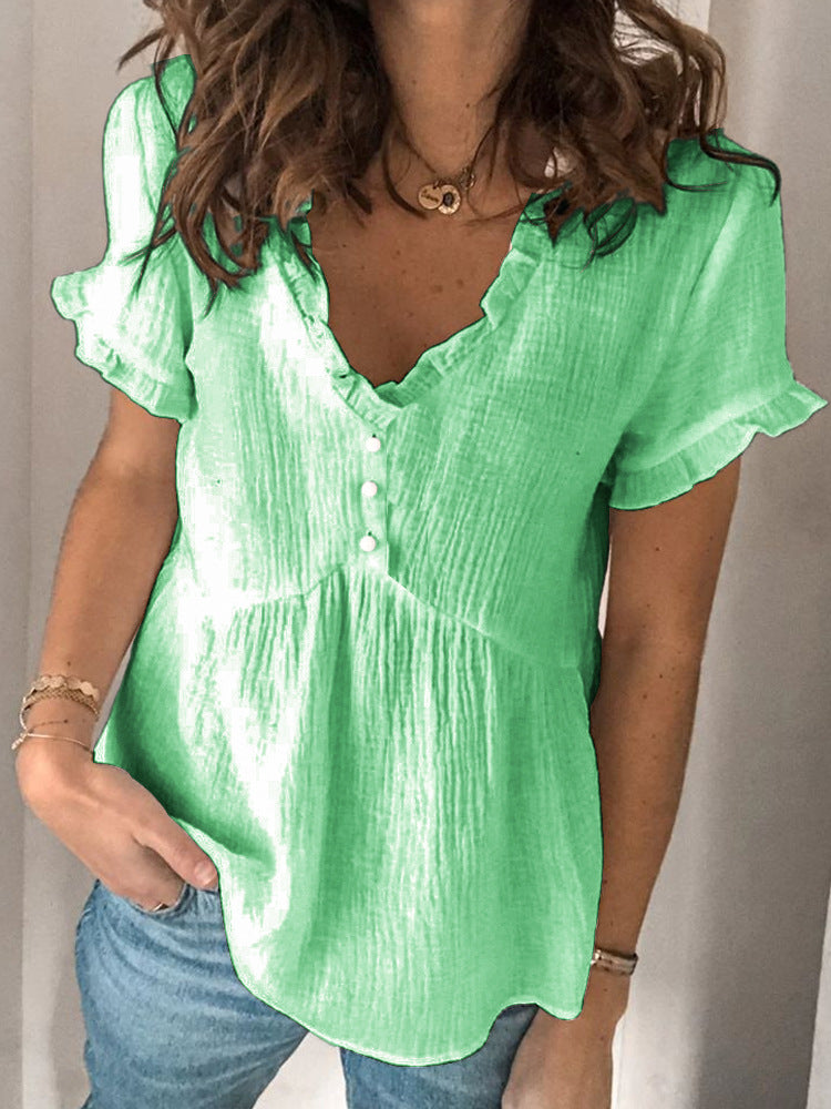 Damen V-Ausschnitt Bluse mit Rüschendetails und Knopfverschluss Echo Archiv