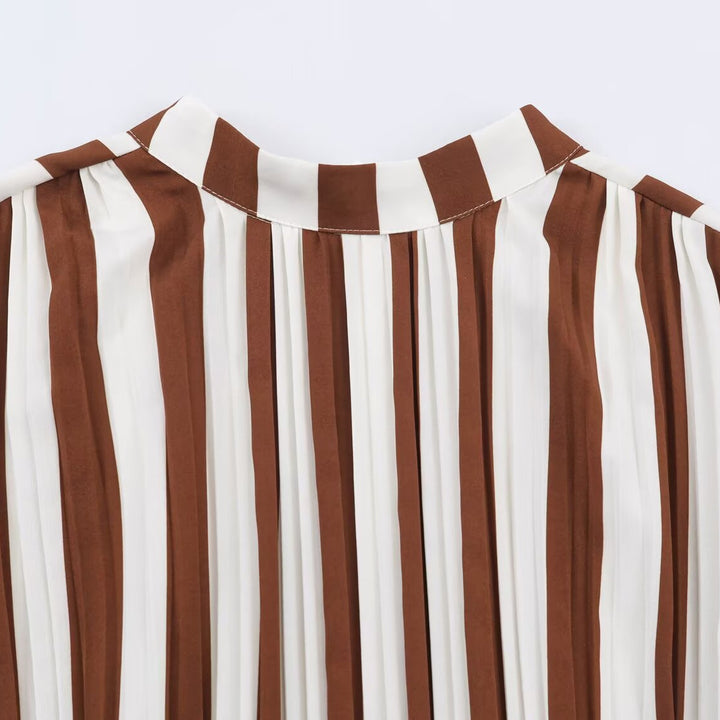 Damen Gestreiftes Midikleid mit Stehkragen, tailliertem Gürtel und ausgestelltem A-Linien-Rock Echoarchiv